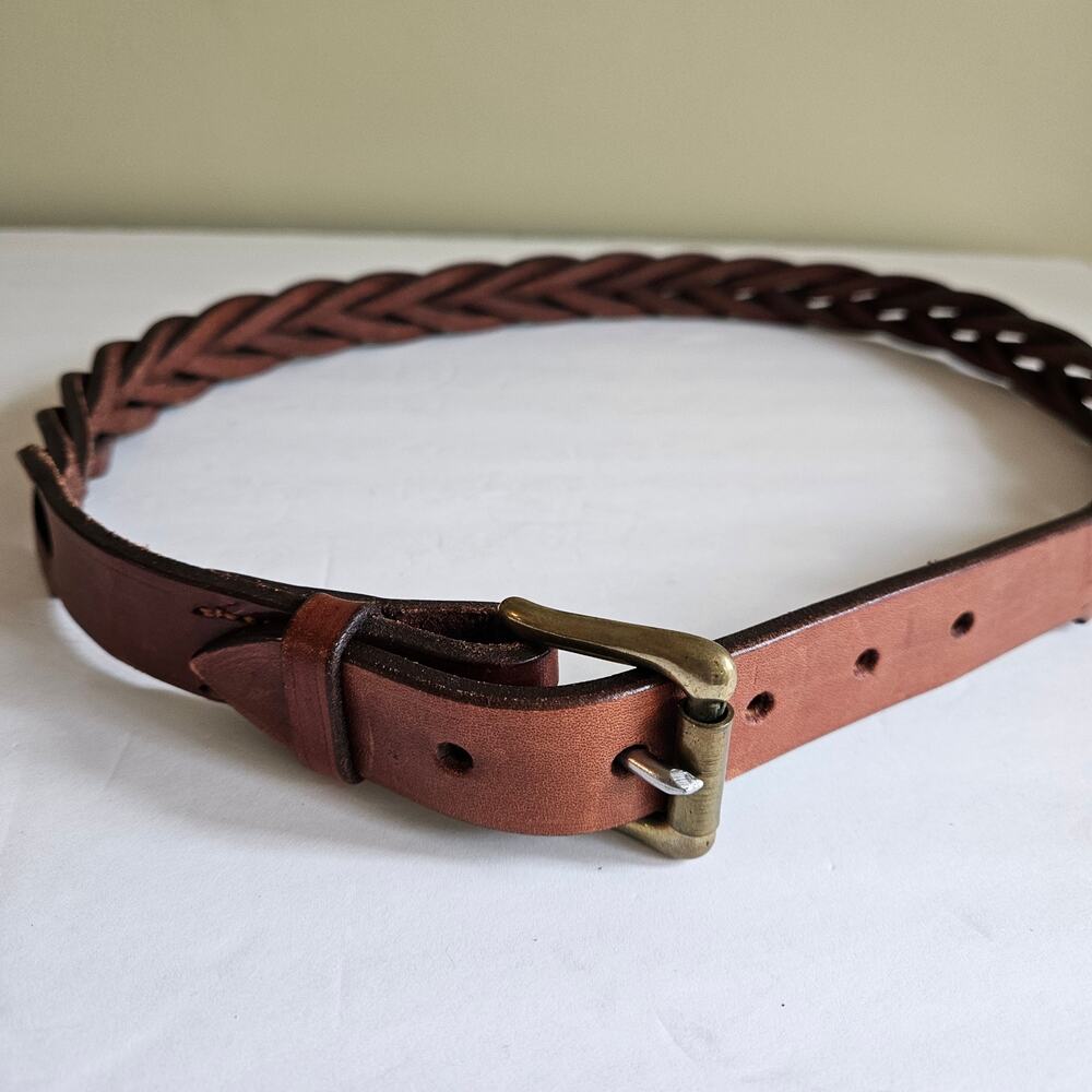Brown Leather Woven Belt Brass Buckle Waist 33" x 1"  Boho Western